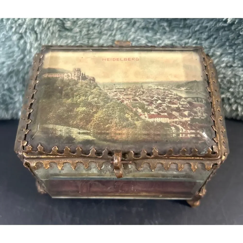 Edwardian Trinket Casket Grand Tour Satin Cushion Bevelled Glass Heidelberg
